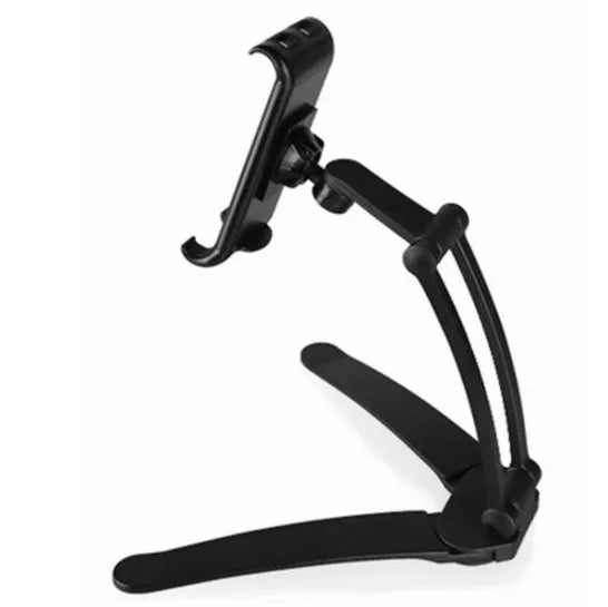 Silver and black aluminium alloy desktop tablet stand with adjustable arm and dual clamps.