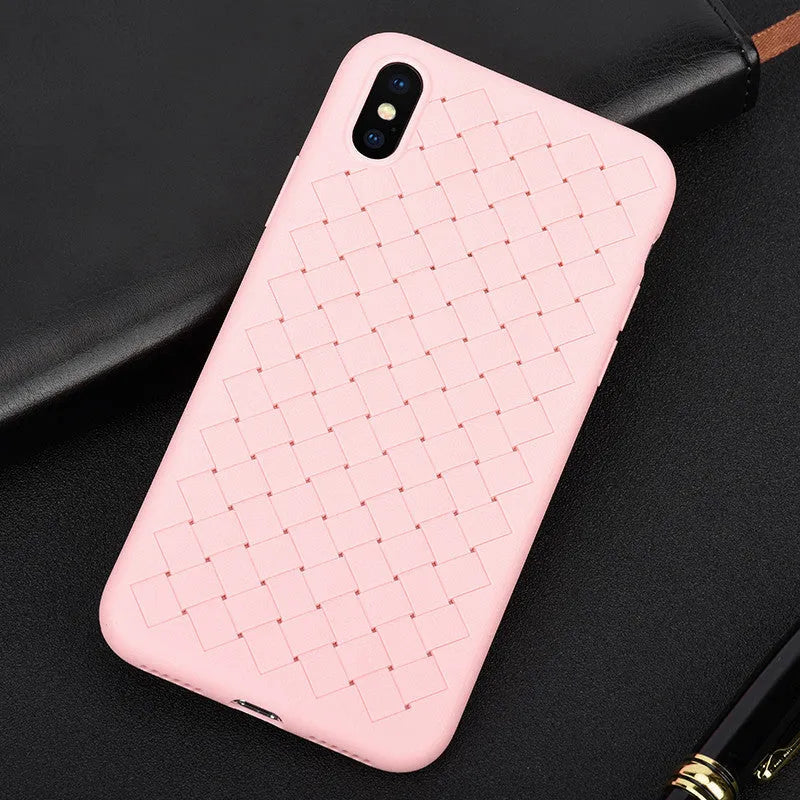 Luxury grid weaving iPhone case in eco-friendly TPU showing weaving pattern and precise port cutouts
