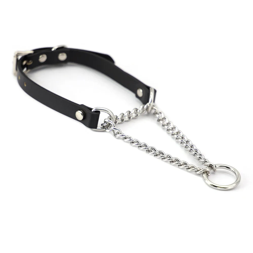 Black leather dog collar and matching hand grip lead set for punk style pet accessories