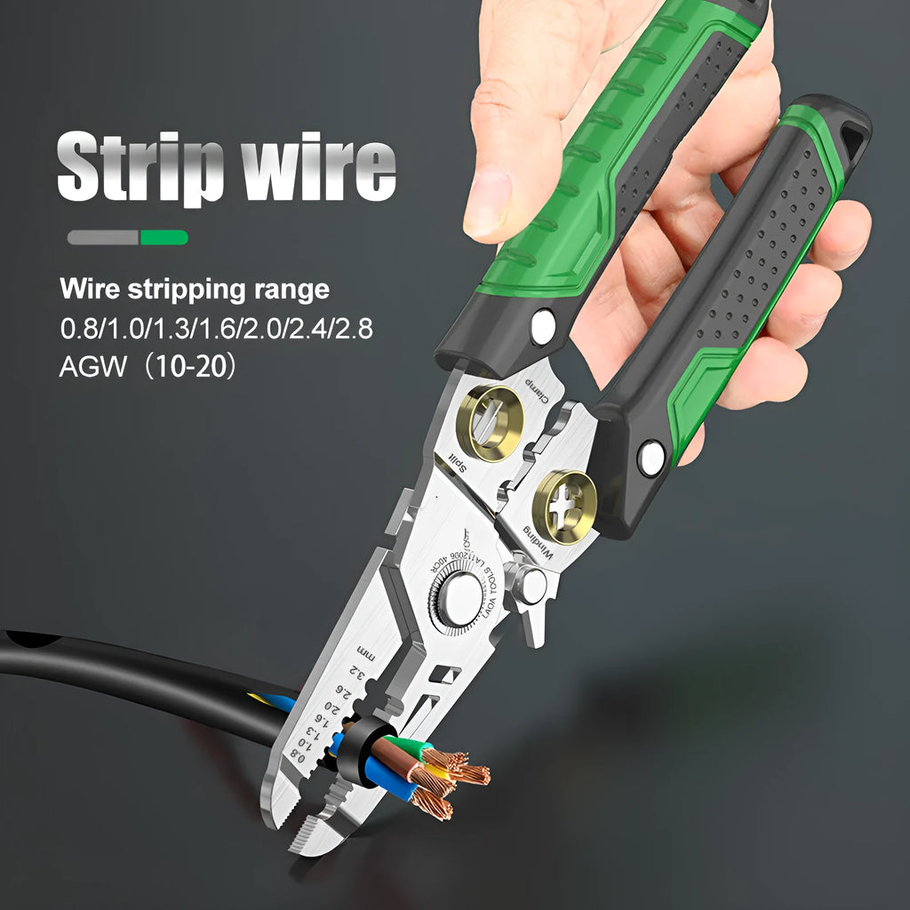 Stainless steel wire stripper tool with seven labelled stripping ports and two-colour handle