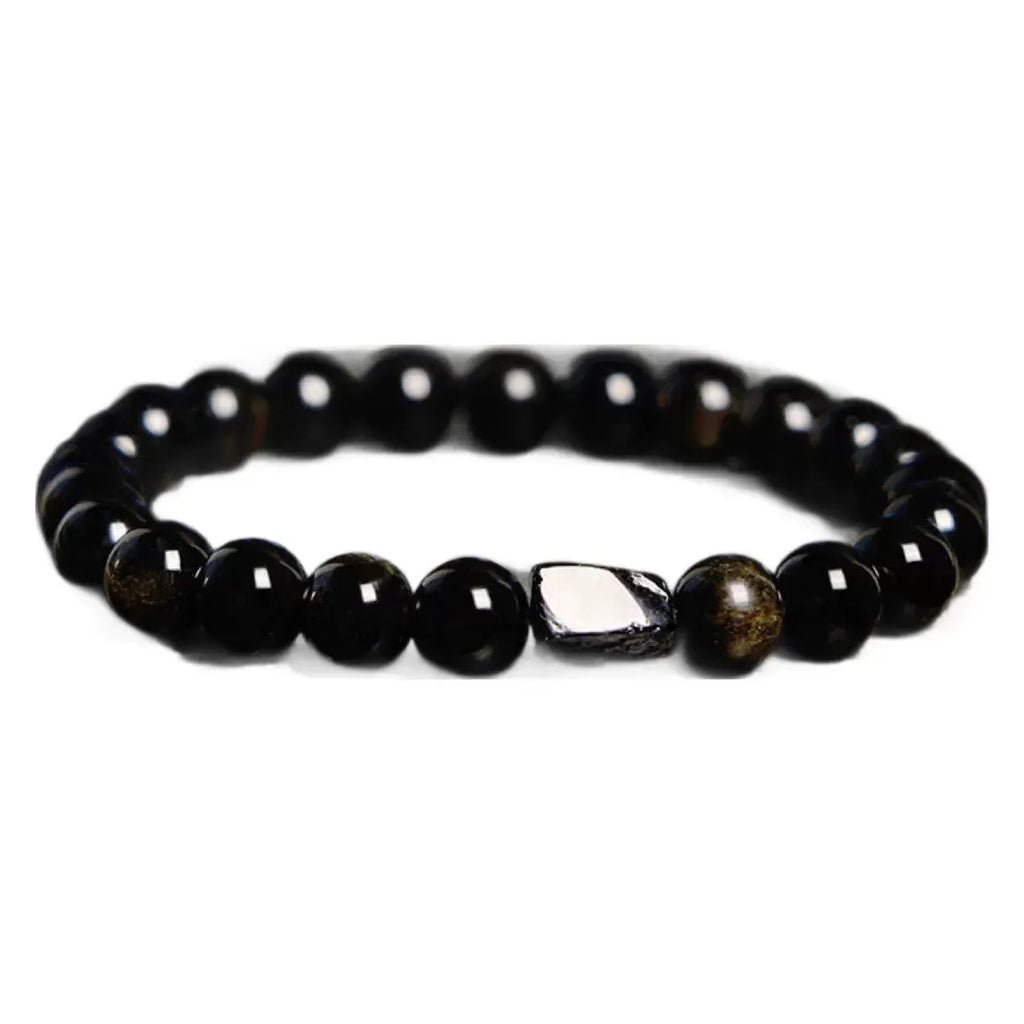 Single strand bracelet with 8mm round beads in natural obsidian, malachite or tiger eye stones.