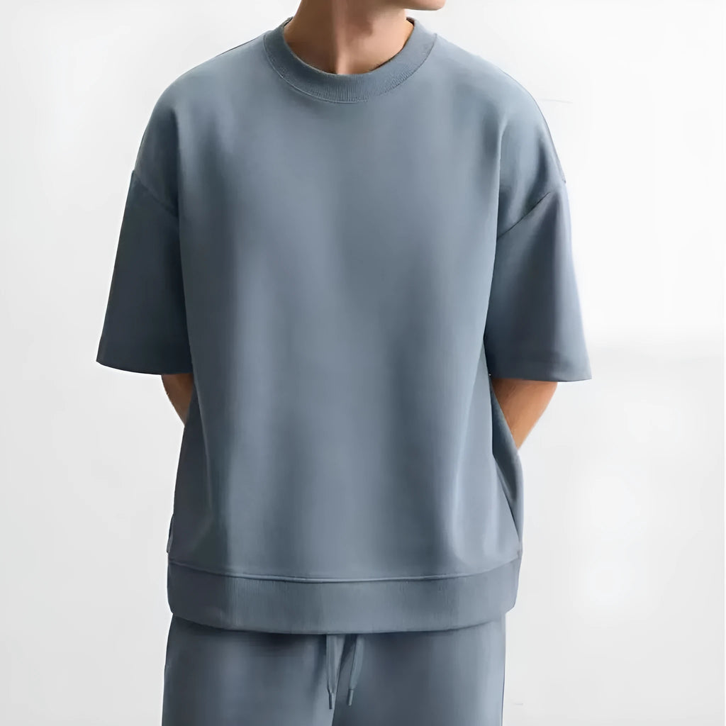 Loose fit round neck short sleeve top and matching shorts co-ord set in polyester fabric
