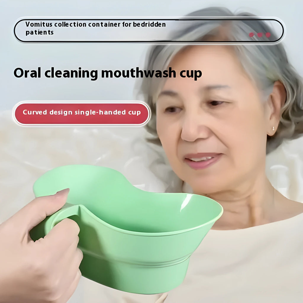 Green plastic gargle cup for bedridden patient oral care assistance