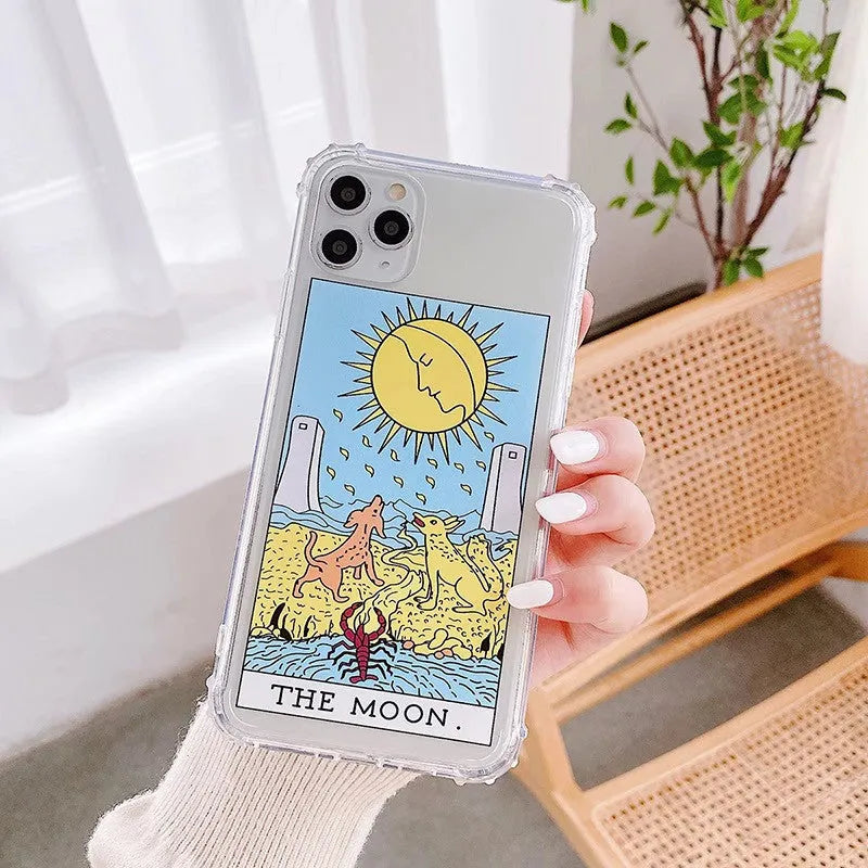 Creative Mythology Comic retro phone case for iPhone with sun and moon graffiti cartoon design.