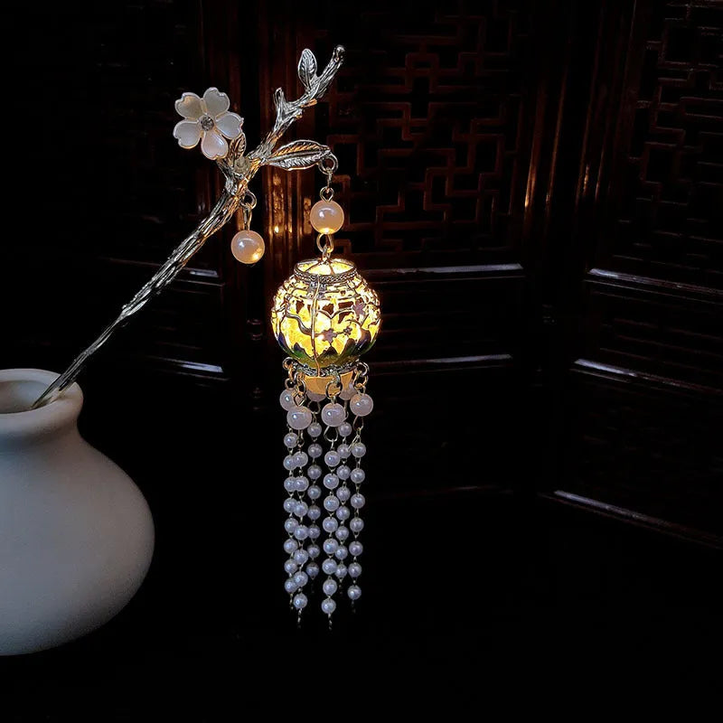 Retro alloy luminous hairpin with landscape lantern design in warm light colour