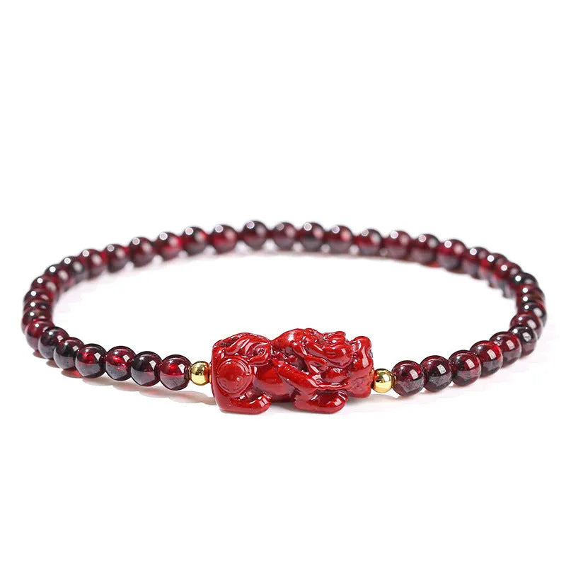 Natural garnet and strawberry quartz square bracelet with carved pixiu charms in purple and sand colours