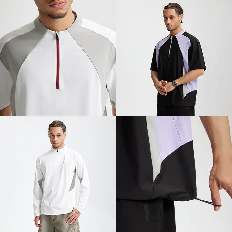 Men's lightweight polyester casual top in black and beige colour options with long and short sleeve variations