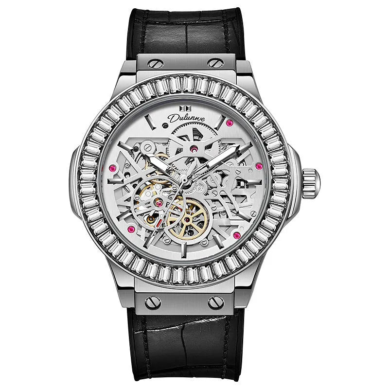 Automatic diamond studded skeleton men's watch with white shell case and blue dial on leather strap.