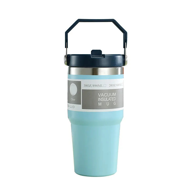 30oz stainless steel insulated travel tumbler with handle and cover in assorted colours.