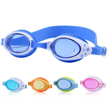 Children's anti-fog swimming goggles with PC lens, blue colour, on white background