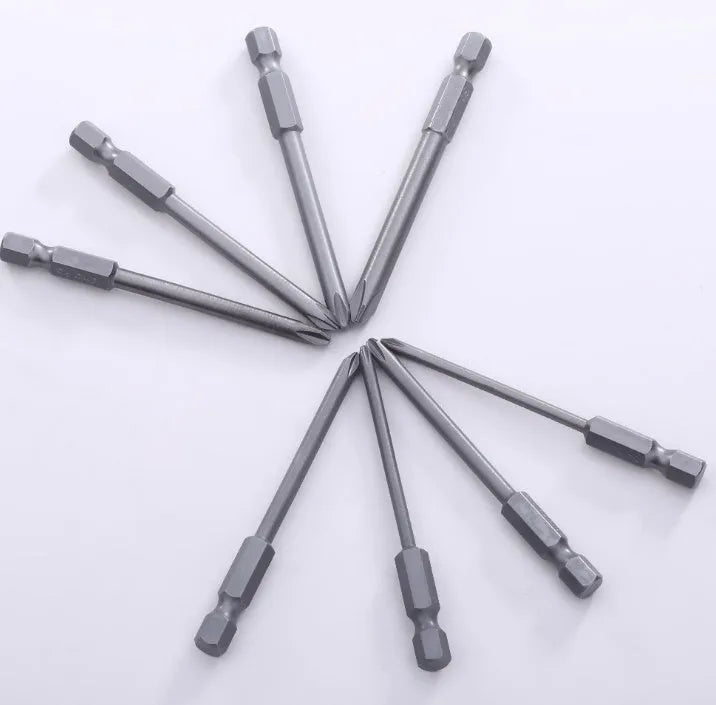 Set of eight long silver magnetic Phillips screwdriver bits with 1/4 inch hex shanks on a white background.
