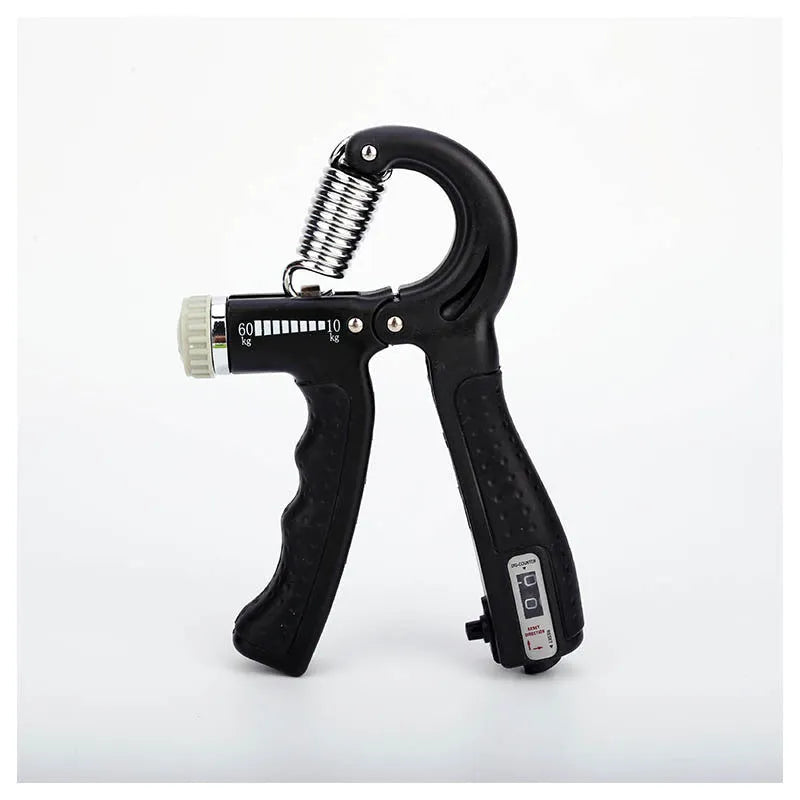 Black adjustable hand grip with mechanical counter, ABS and stainless steel, 16cm by 12cm