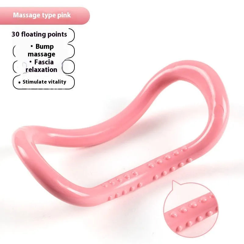 Four piece yoga fitness set showing leg stretcher, yoga ring, pedal puller and figure eight tension rope