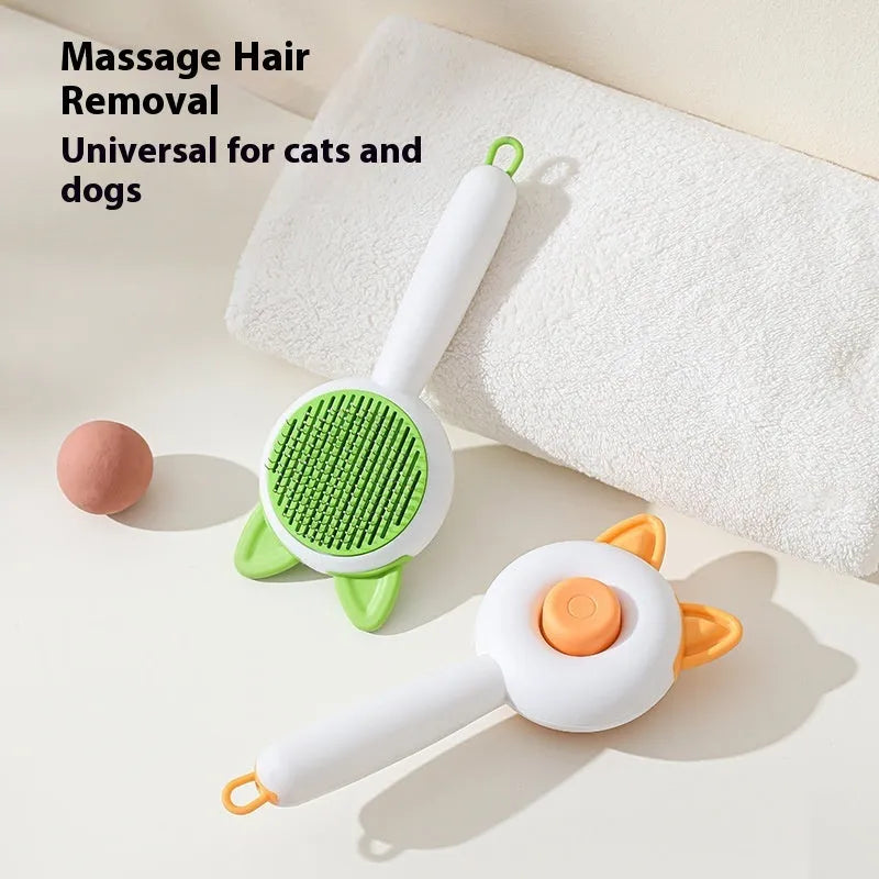 Self-cleaning pet grooming brush with stainless steel teeth and TPR massage nodules in greenish white colour