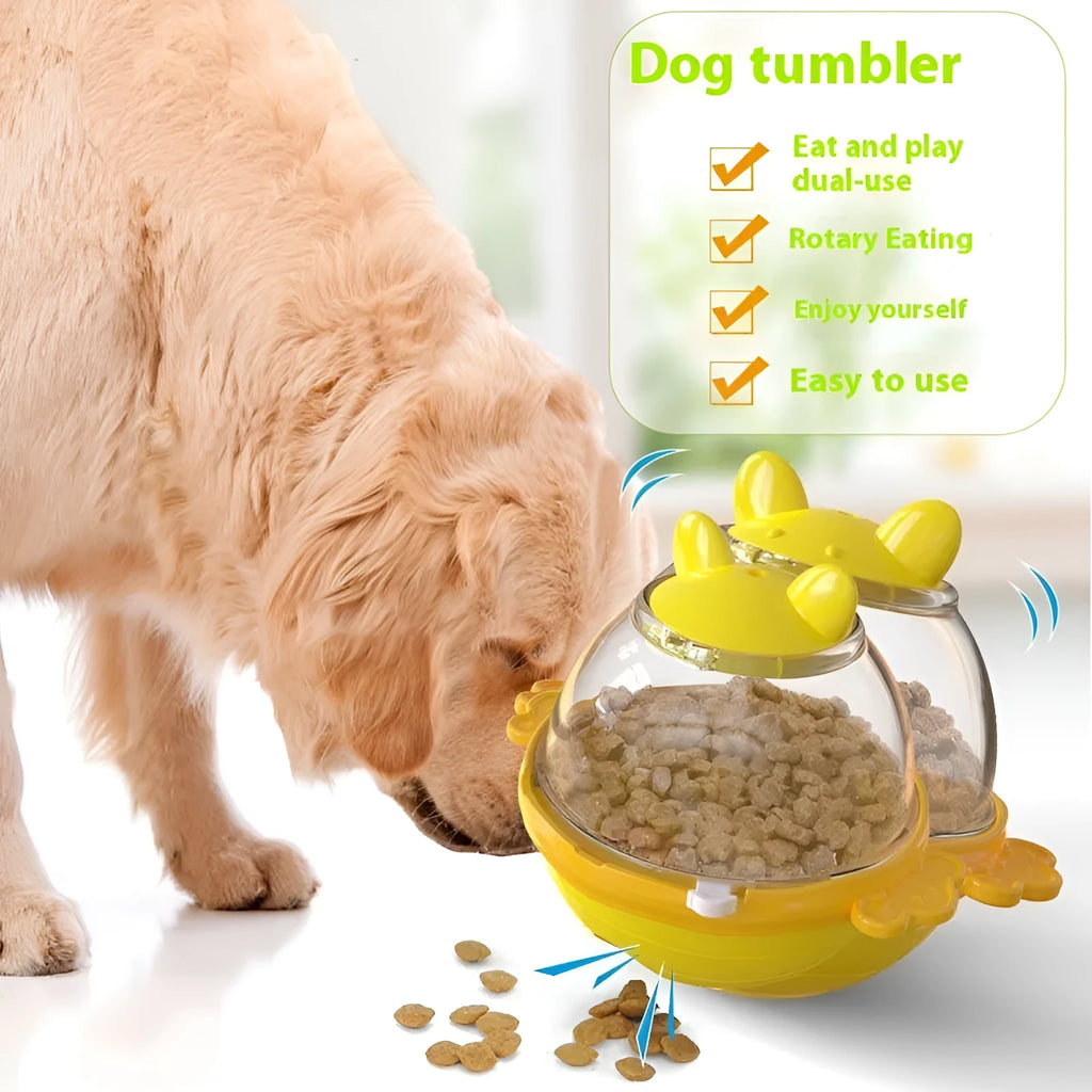 Yellow dog puzzle feeder bowl with maze design for slow feeding, measuring 11.2cm