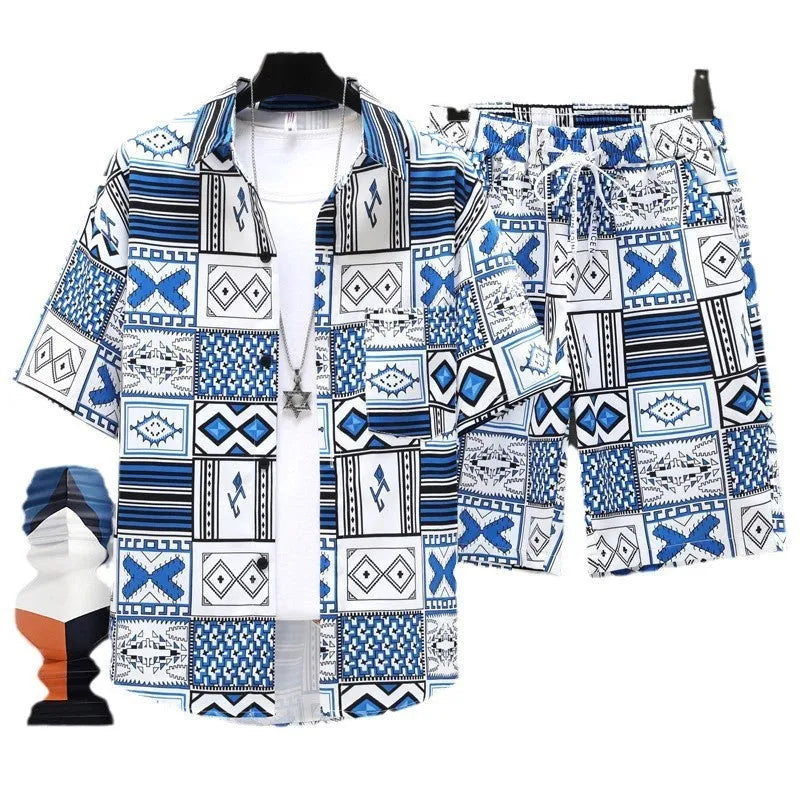 Men's casual sports two-piece set showing short sleeve top and matching shorts