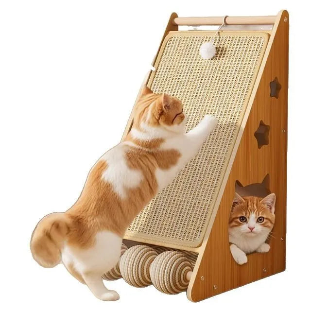 Vertical wall-mounted cat scratch board with sisal surfaces and cat teasing ball with hemp rope