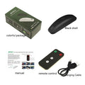 Black and white remote-controlled vehicle anti-collision strobe light with USB charging cable on a table