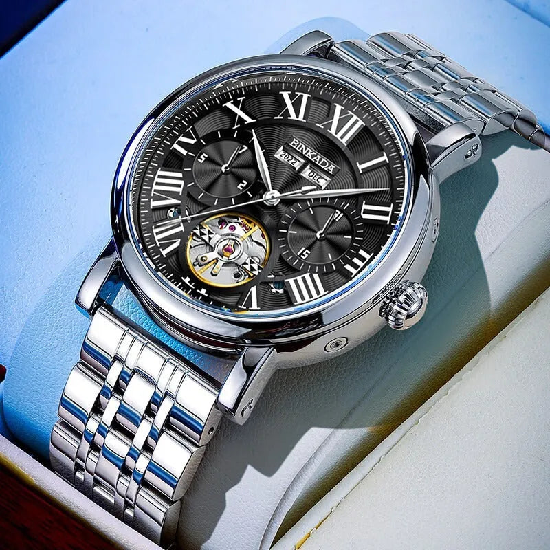 Men's automatic watch with steel bracelet showing 15mm thickness and business style dial