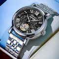 Men's automatic watch with steel bracelet showing 15mm thickness and business style dial