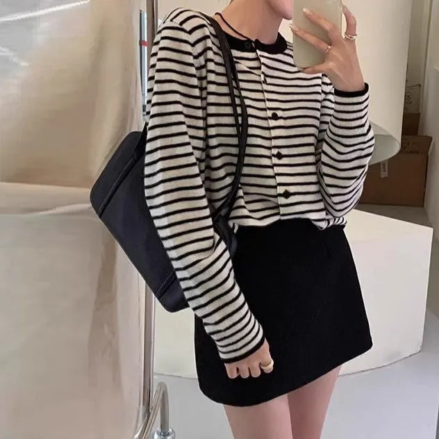 Women's French style slim fit striped cardigan coat in dark grey with white stripes