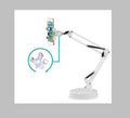 Black universal phone stand with long rotating arms holding tablet on metal base