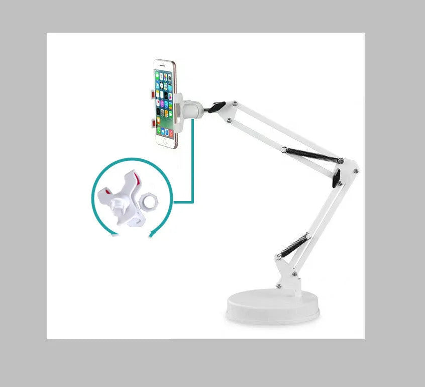Black universal phone stand with long rotating arms holding tablet on metal base