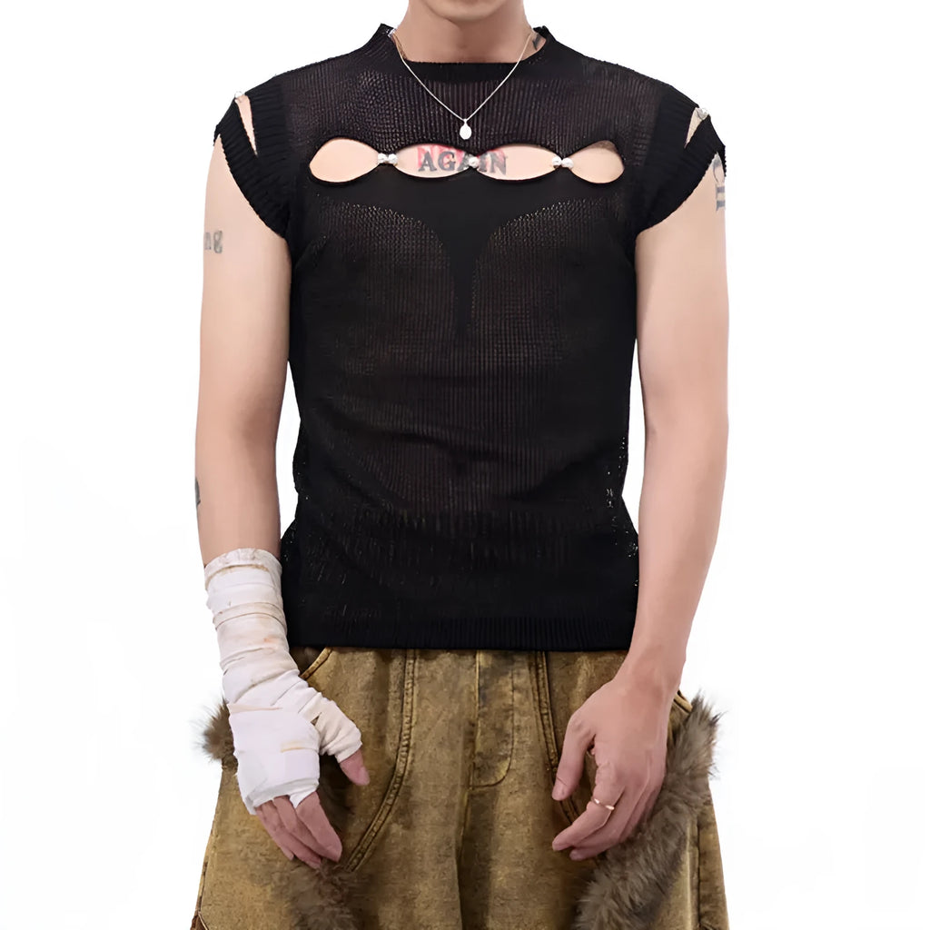 Dark hollow-out knitmesh sleeveless T-shirt with round collar, solid black colour, regular length