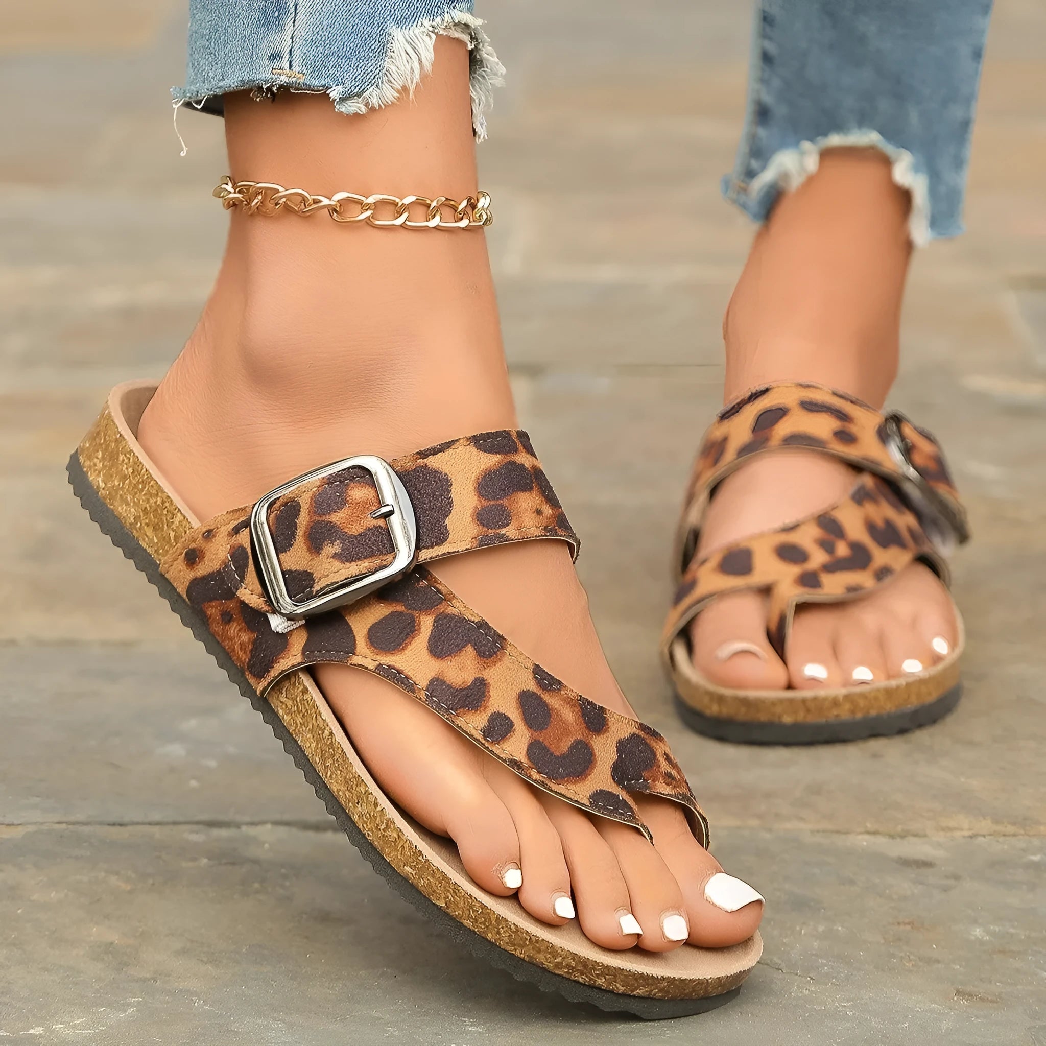 Leopard print Roman style slippers with toe covering design and wooden sole