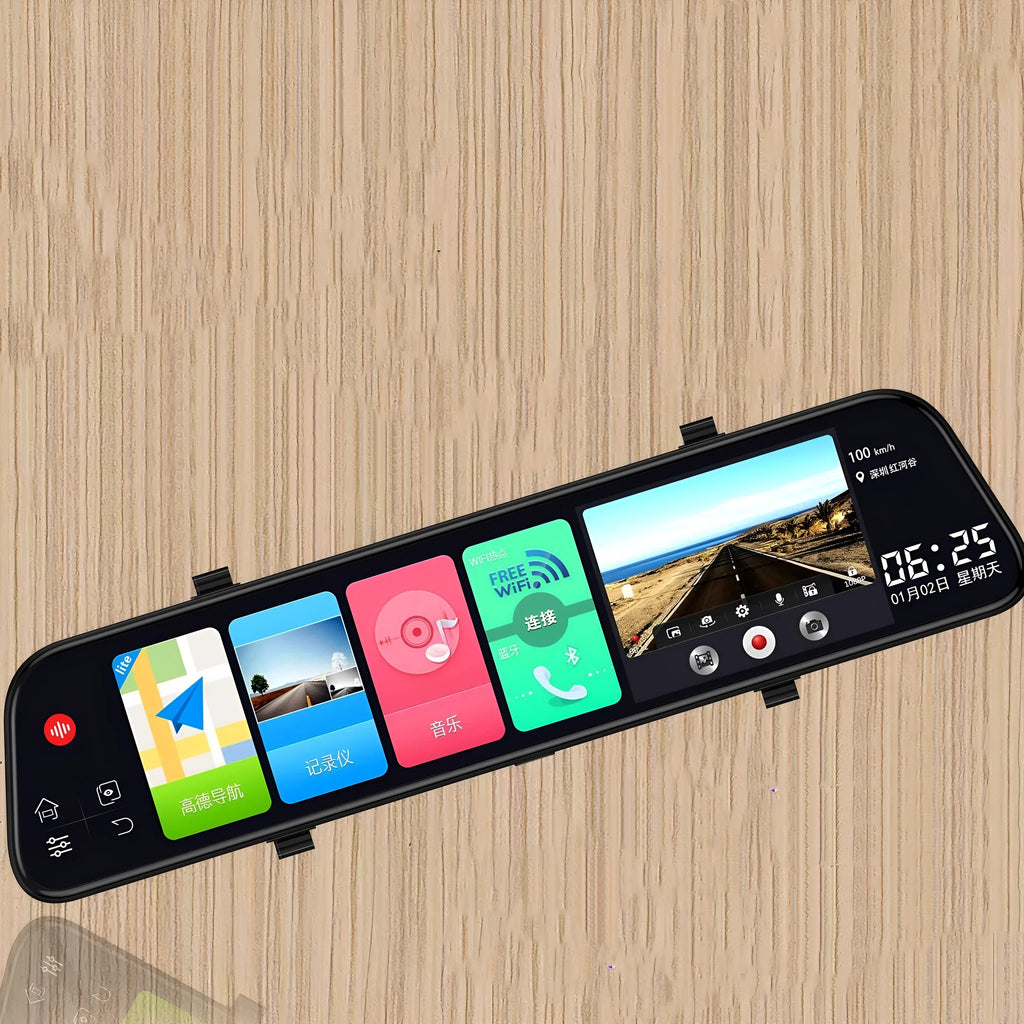 12-inch rearview mirror dash cam and tachograph with dual cameras mounted in a car.