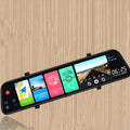 12-inch rearview mirror dash cam and tachograph with dual cameras mounted in a car.