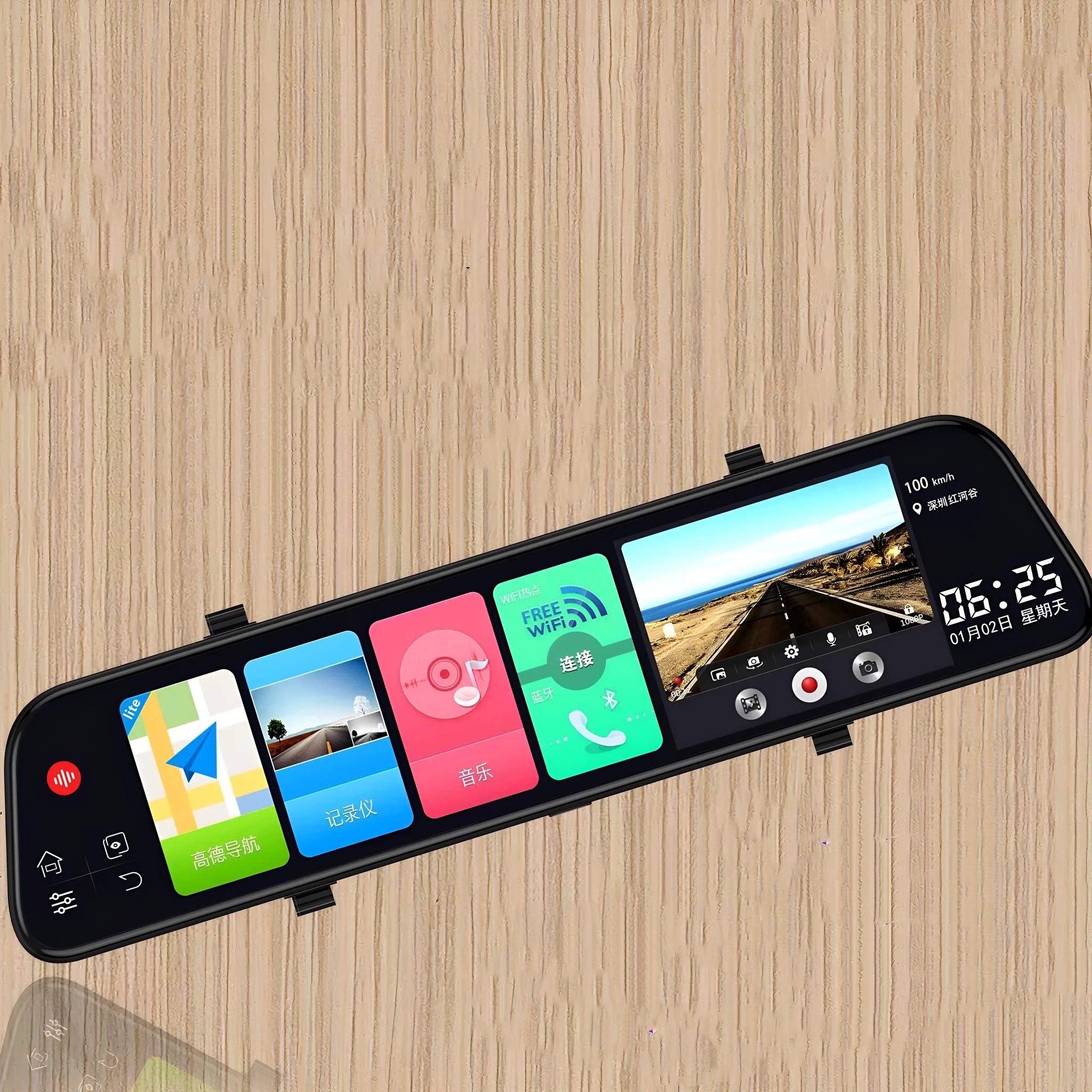 12-inch rearview mirror dash cam and tachograph with dual cameras mounted in a car.