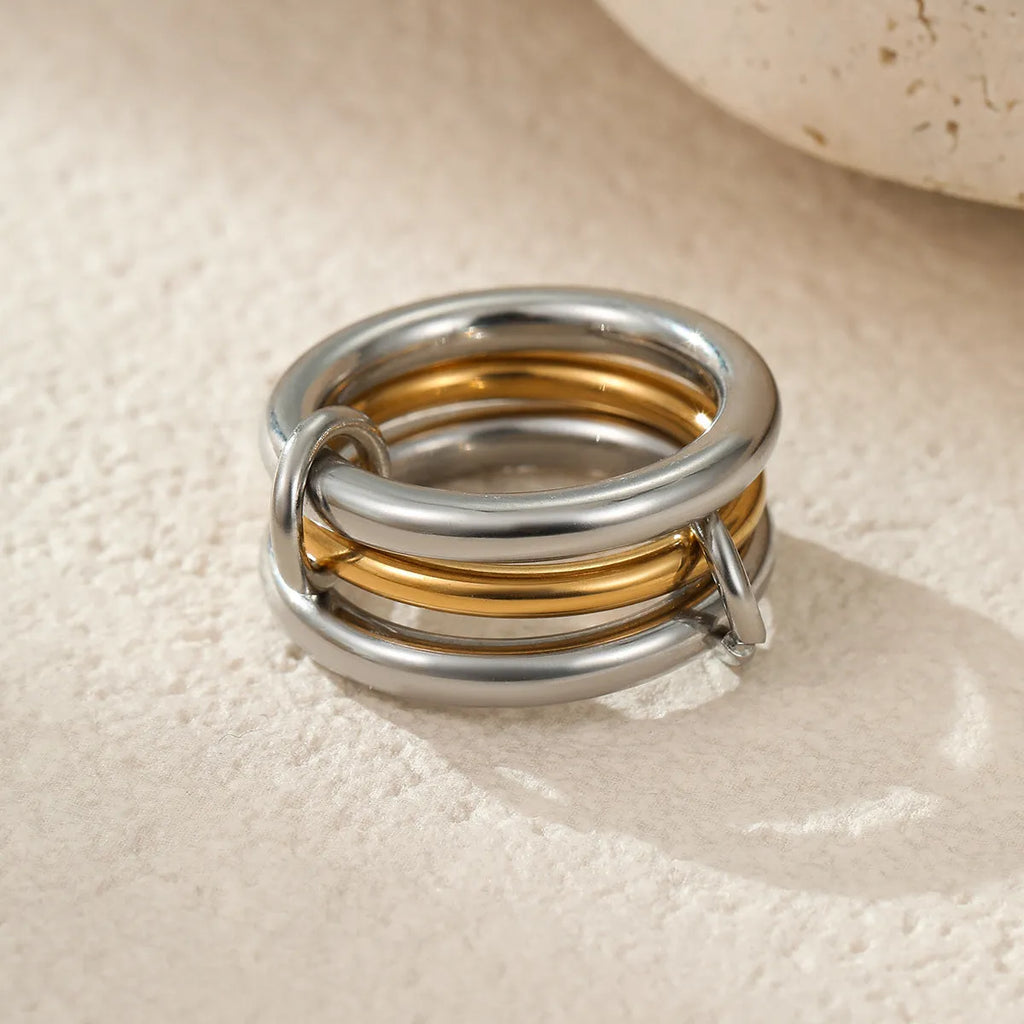 Stacked colour matching stainless steel ring with 18K gold plating and exaggerated personalised design