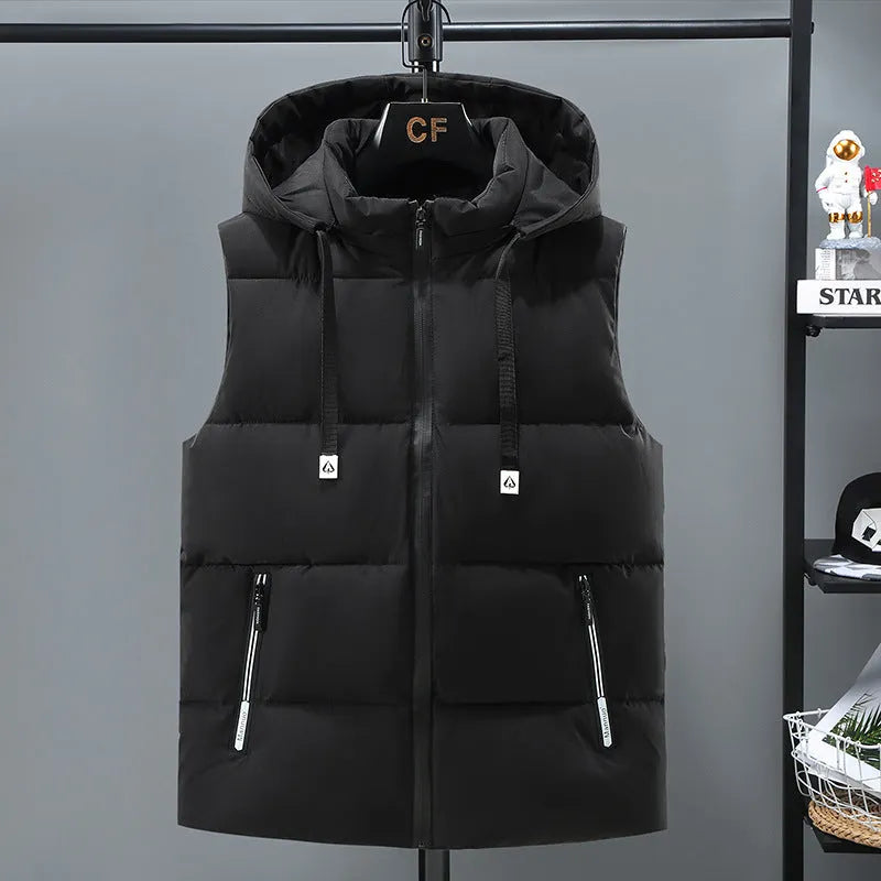 Men's black thickened vest with removable cap and straight hem design