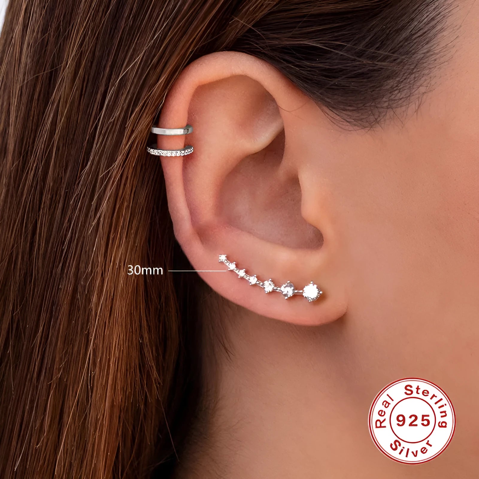 S925 sterling silver single row 7 stone diamond ear studs, geometric design, gold 20mm option