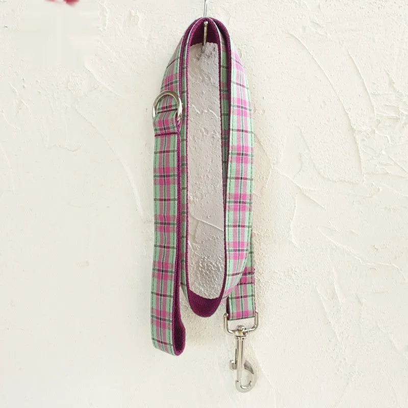 Mint green polyester dog collar and leash combination set shown in five available sizes