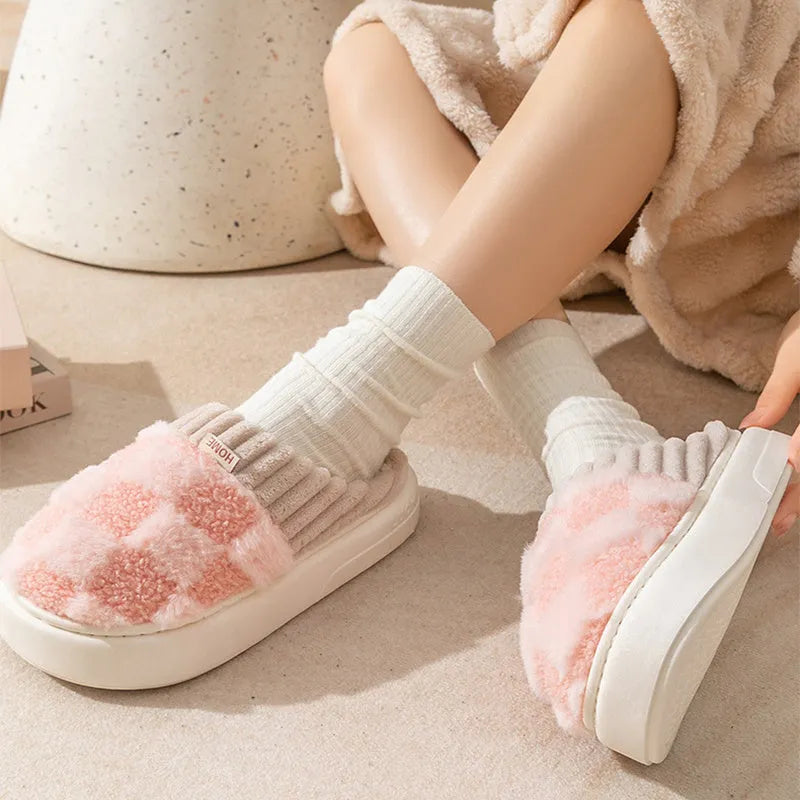 Women's plaid plush slippers in coffee colour with round toe and non-slip sole