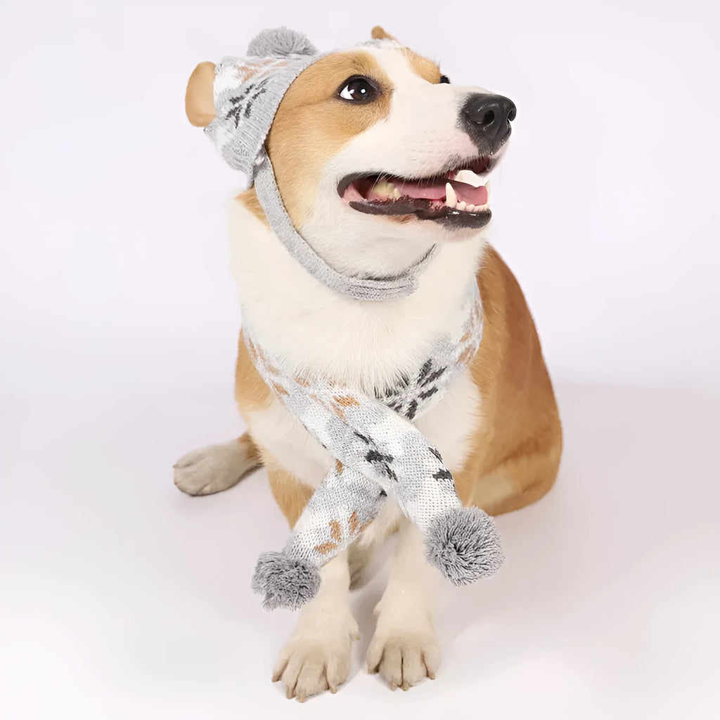 Grey Japanese-style jacquard knit sweater, hat and scarf set for a small dog on a mannequin.
