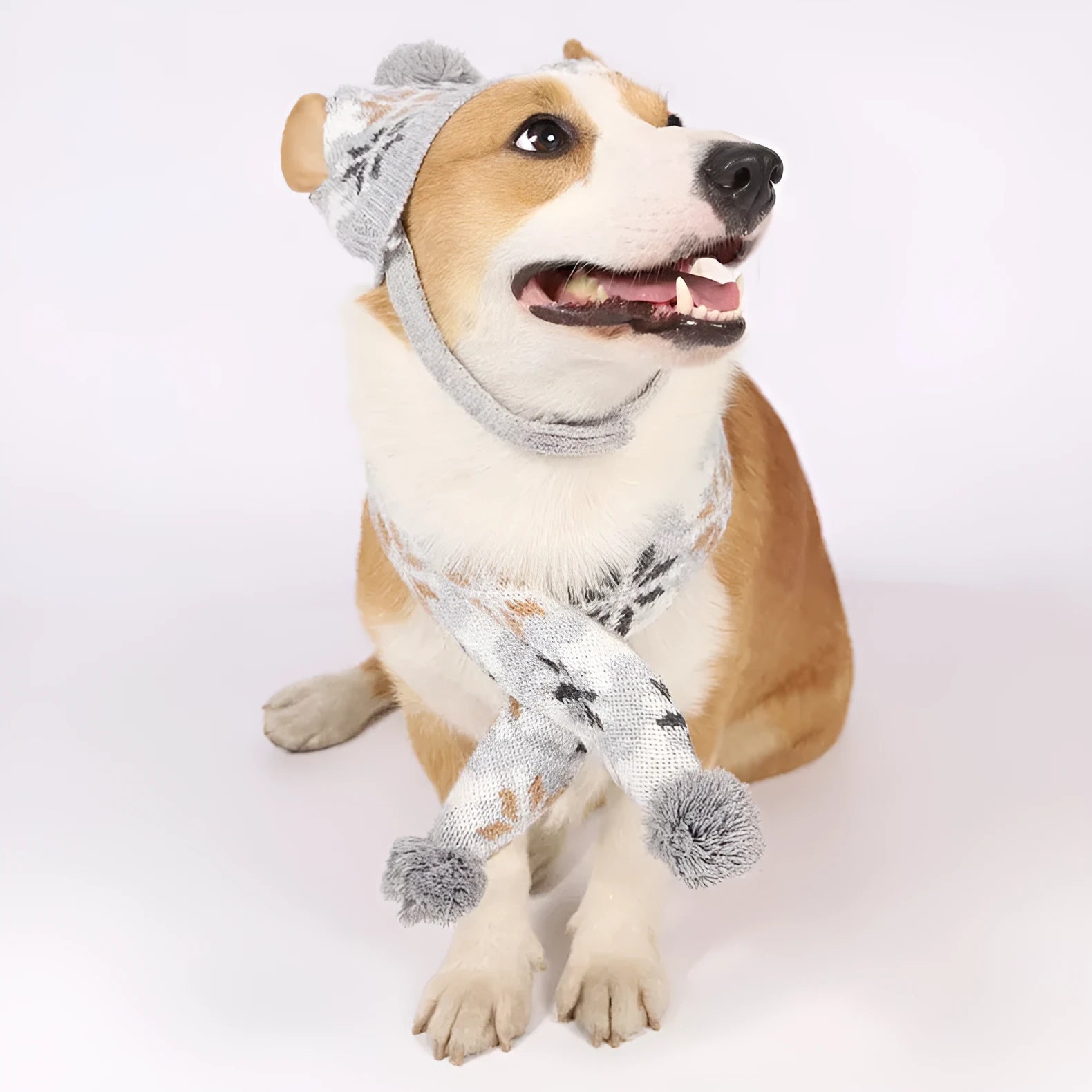 Grey Japanese-style jacquard knit sweater, hat and scarf set for a small dog on a mannequin.