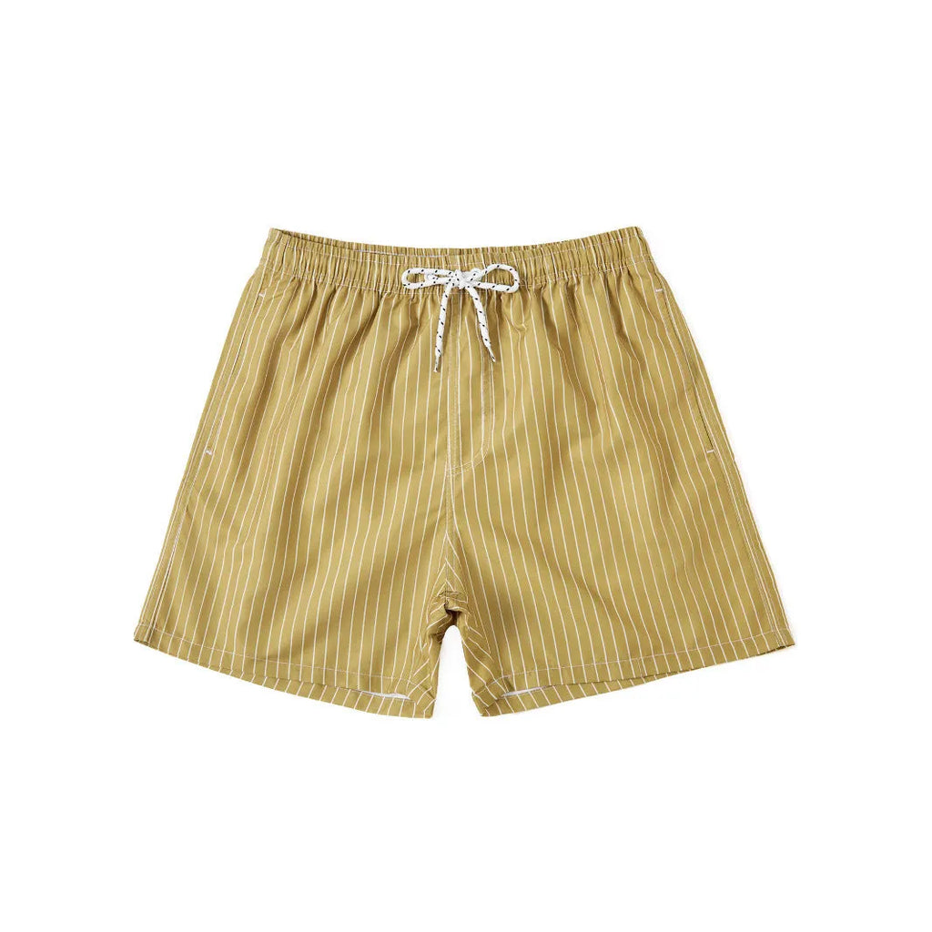 Men's navy blue and grey striped polyester beach shorts with straight leg opening.