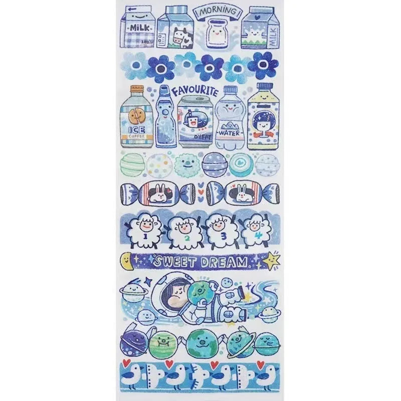 Sheet of cute cartoon character adhesive stickers for medical product packaging.