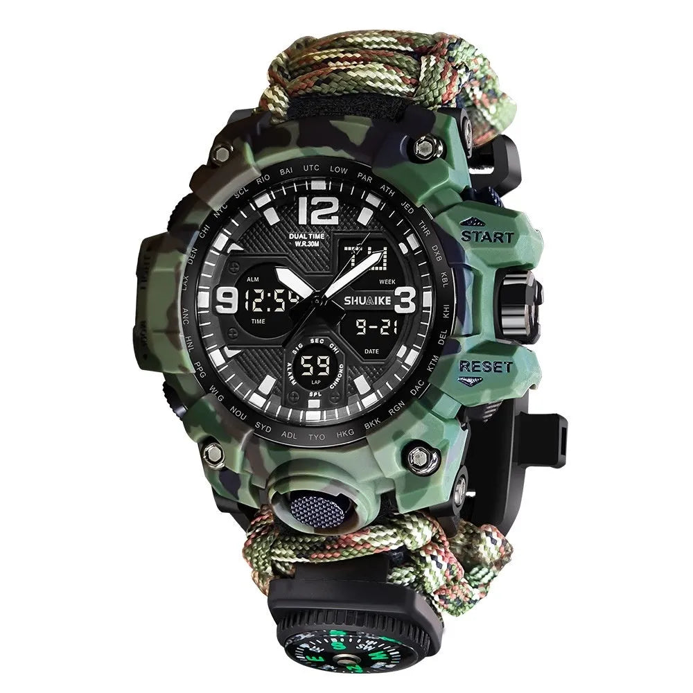 Double display electronic watch for men with compass, thermometer, whistle, and ignition on 1.3 inch screen