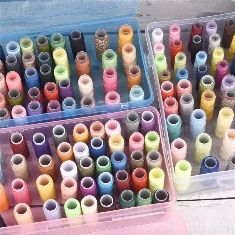 Plastic sewing storage box with 42 compartments for threads, in transparent, pink, or blue.