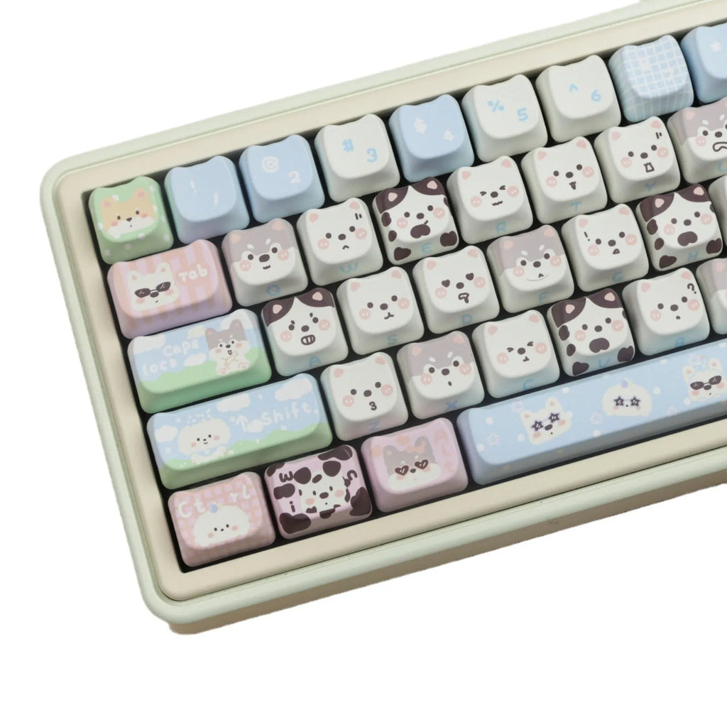 Cat and puppy themed PBT key cap set for mechanical keyboards with colourful sublimation designs