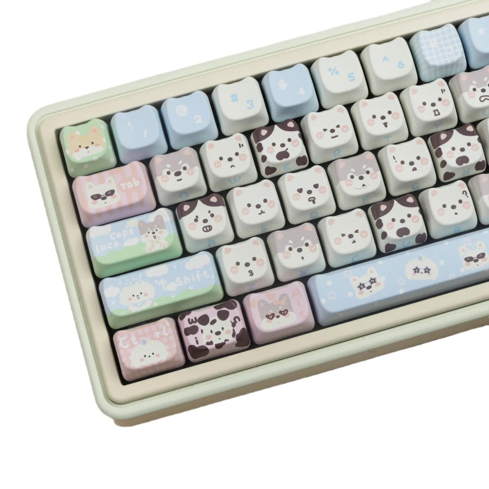 Cat and puppy themed PBT key cap set for mechanical keyboards with colourful sublimation designs