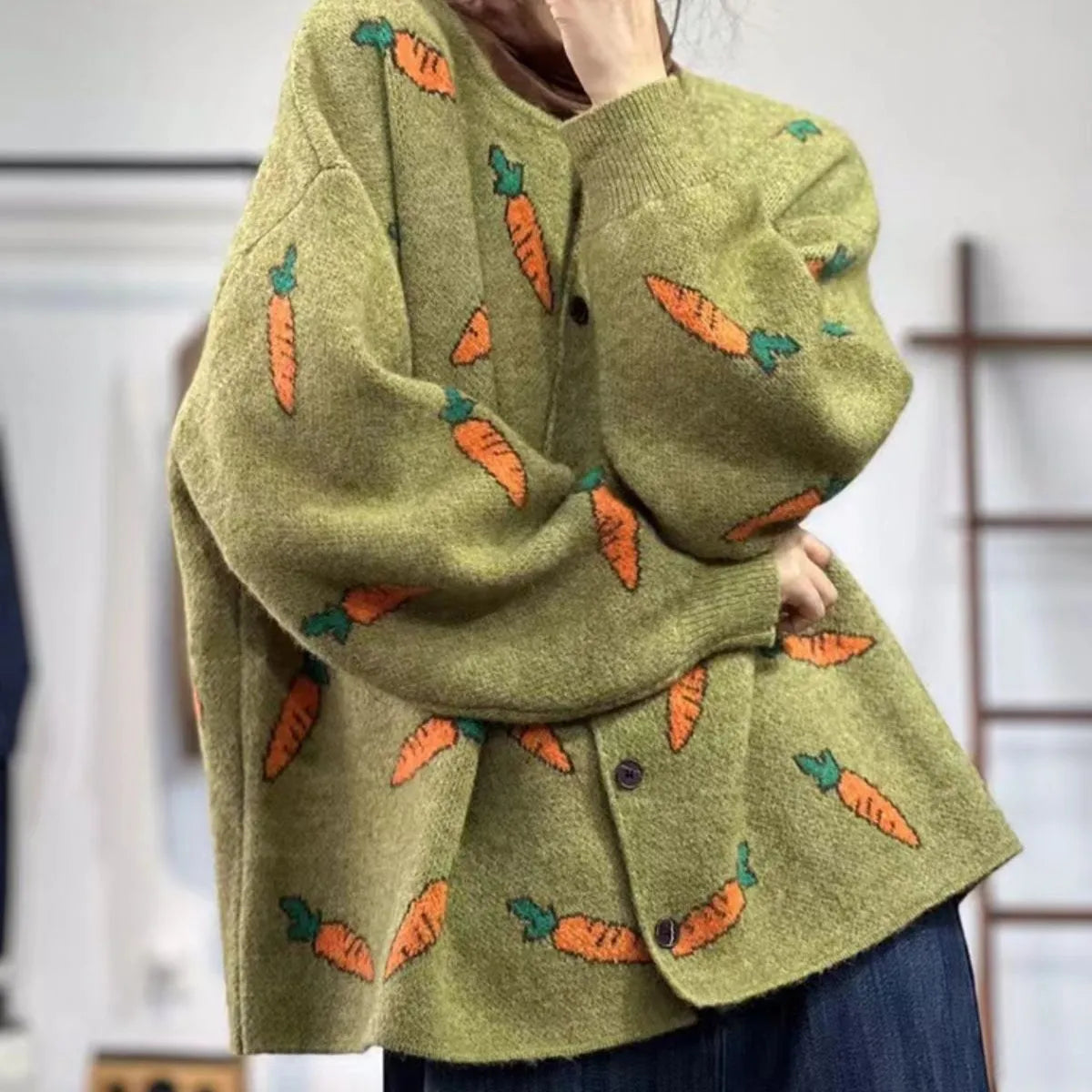 Mori artistic printing colour contrast loose cardigan sweater with round neckline