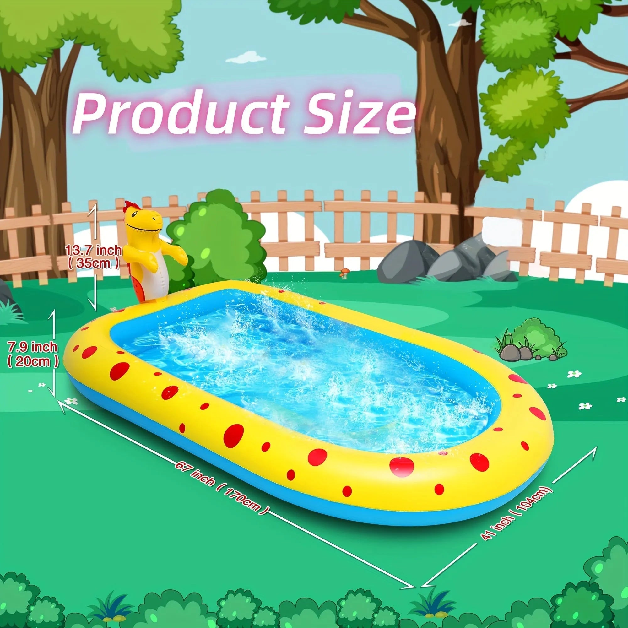 Blue dinosaur inflatable water spray pool measuring 170x105x65cm for outdoor children's play