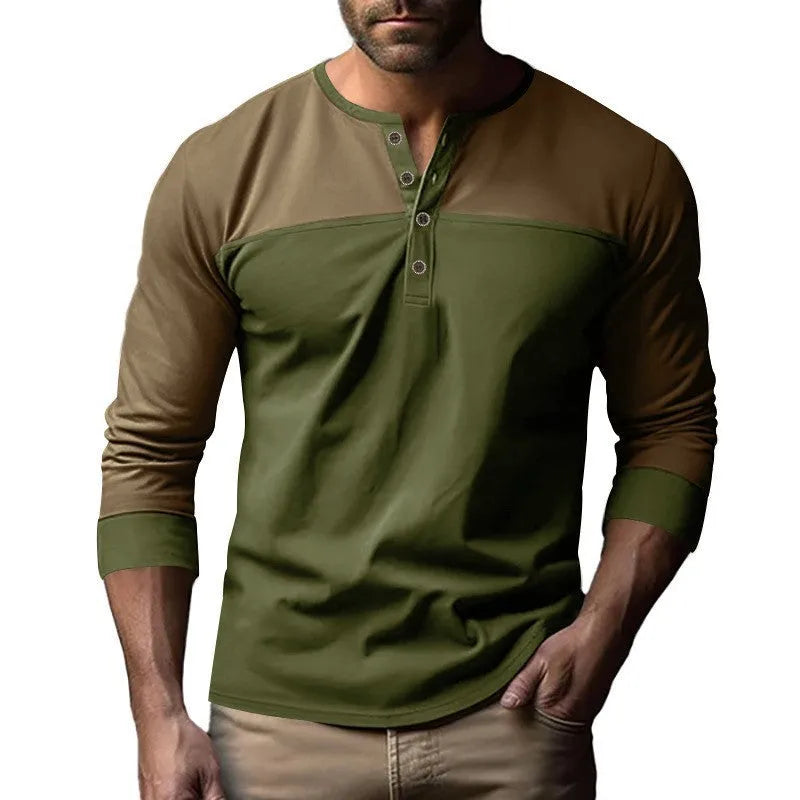Men's solid colour long-sleeve casual shirt with a henley collar, shown in a brown tone.