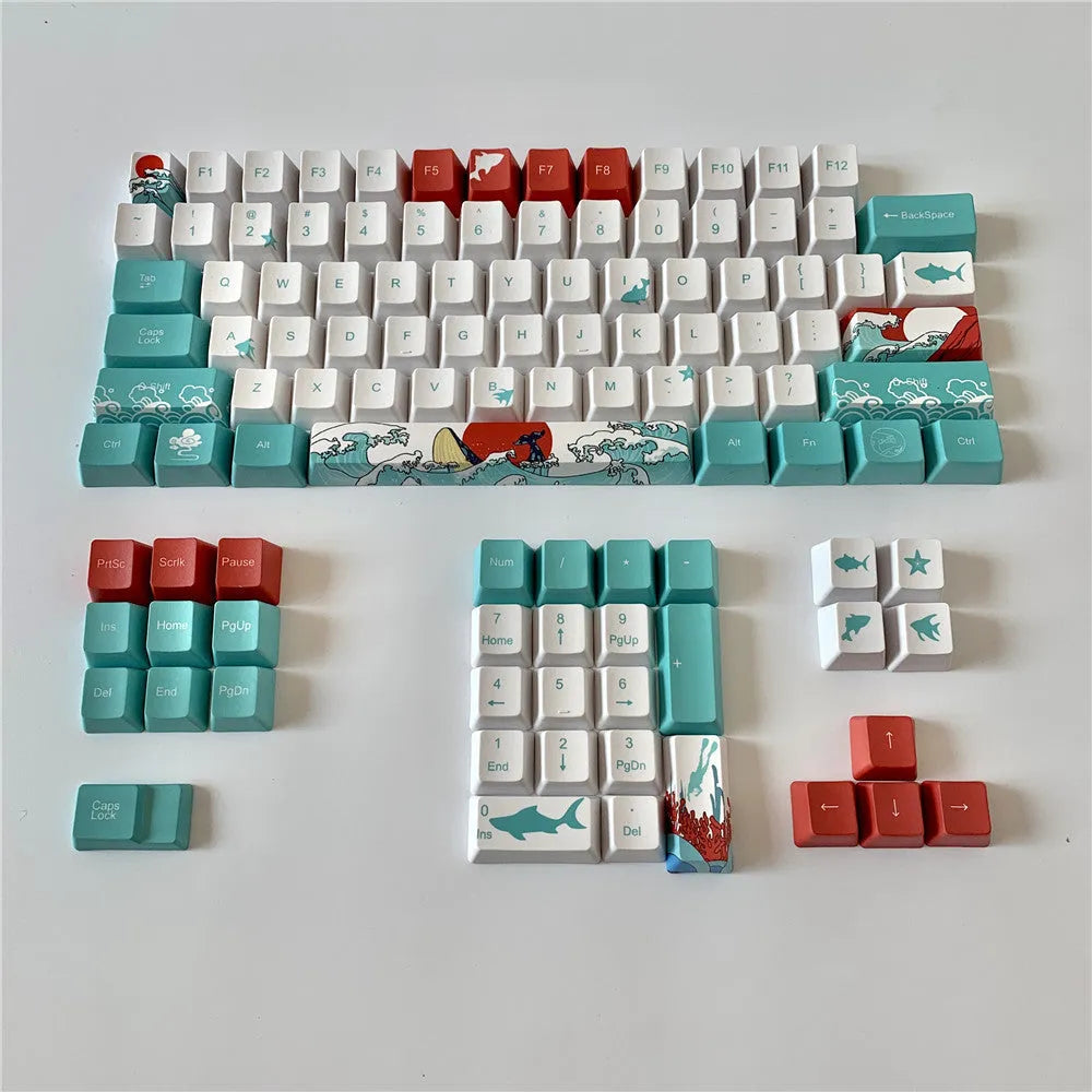 Coral Sea themed PBT keycaps with five-sided sublimation printing and oversized custom buttons for mechanical keyboards