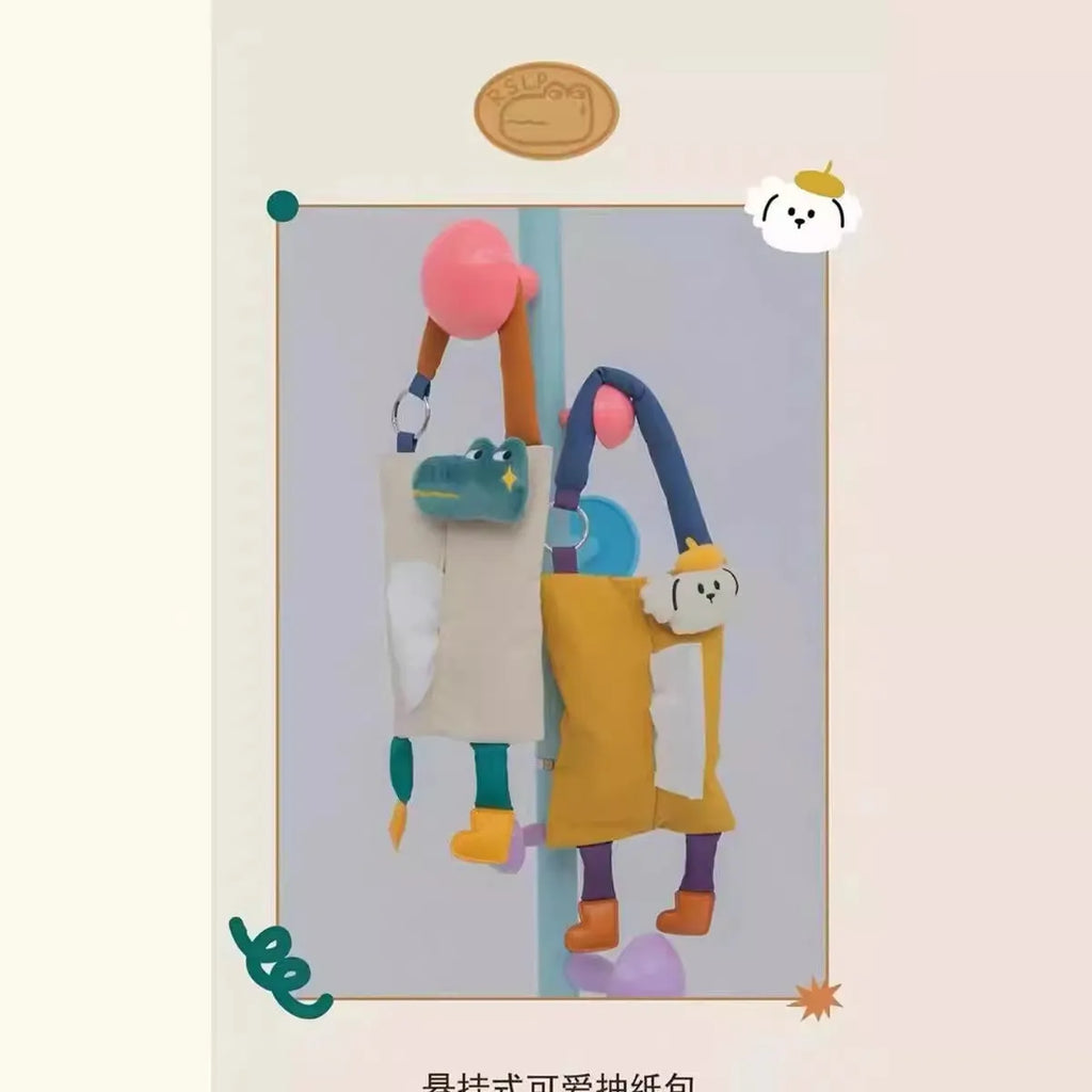 Plush hanging car tissue bag in hat dog or baby crocodile design measuring 25 by 19 centimetres